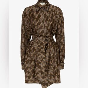 Fendi FF logo motif Brown twill silk shirt dress size 2 36 luxury designer